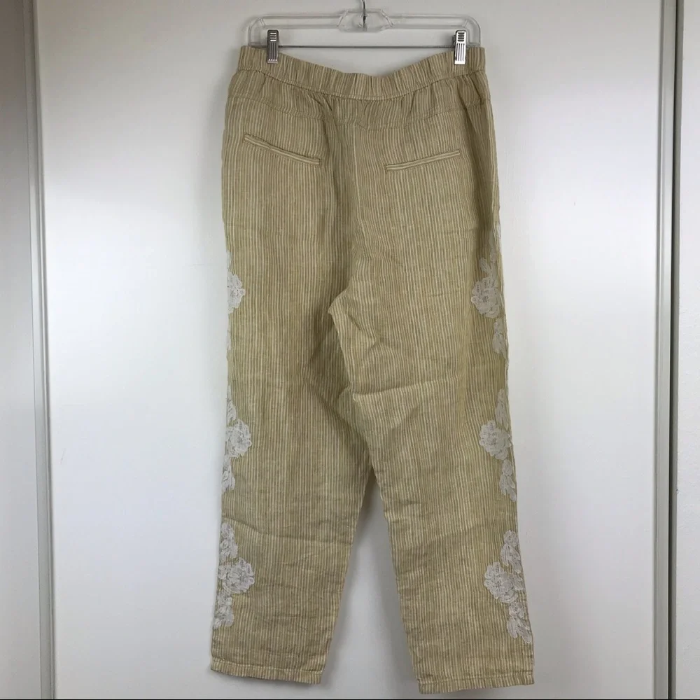 Anthropologie Linen Embroidered Stripe Ankle Pants - Picture 5 of 8